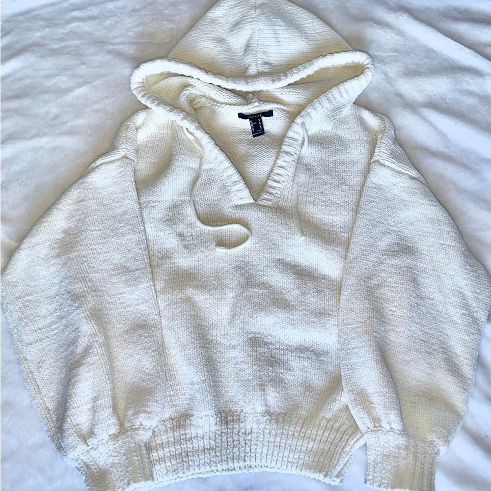 Forever 21 Cream V-Neck Hooded Sweater